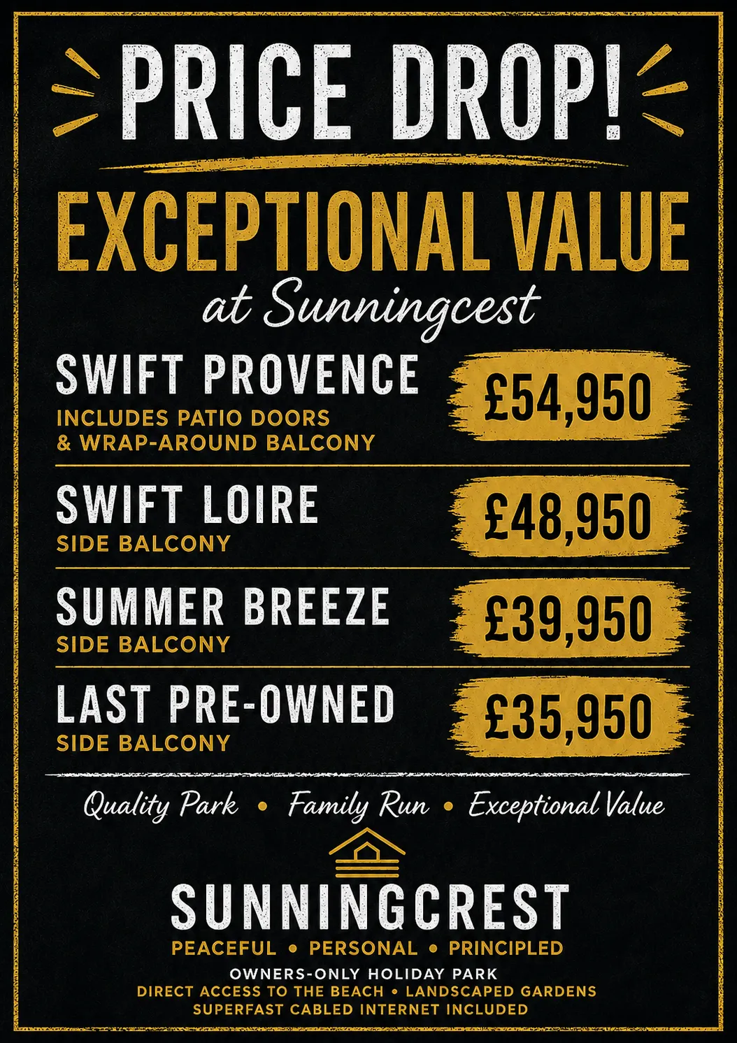 Major Price Reductions Announced at Sunningcrest Holiday Park